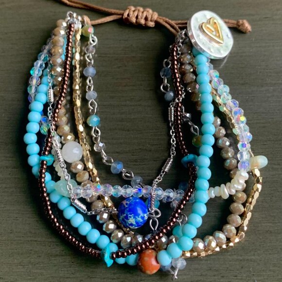 Turquoise Blue Multistrand Beaded Crystal Stone Beaded Adjustable Bracelet New - Picture 1 of 4